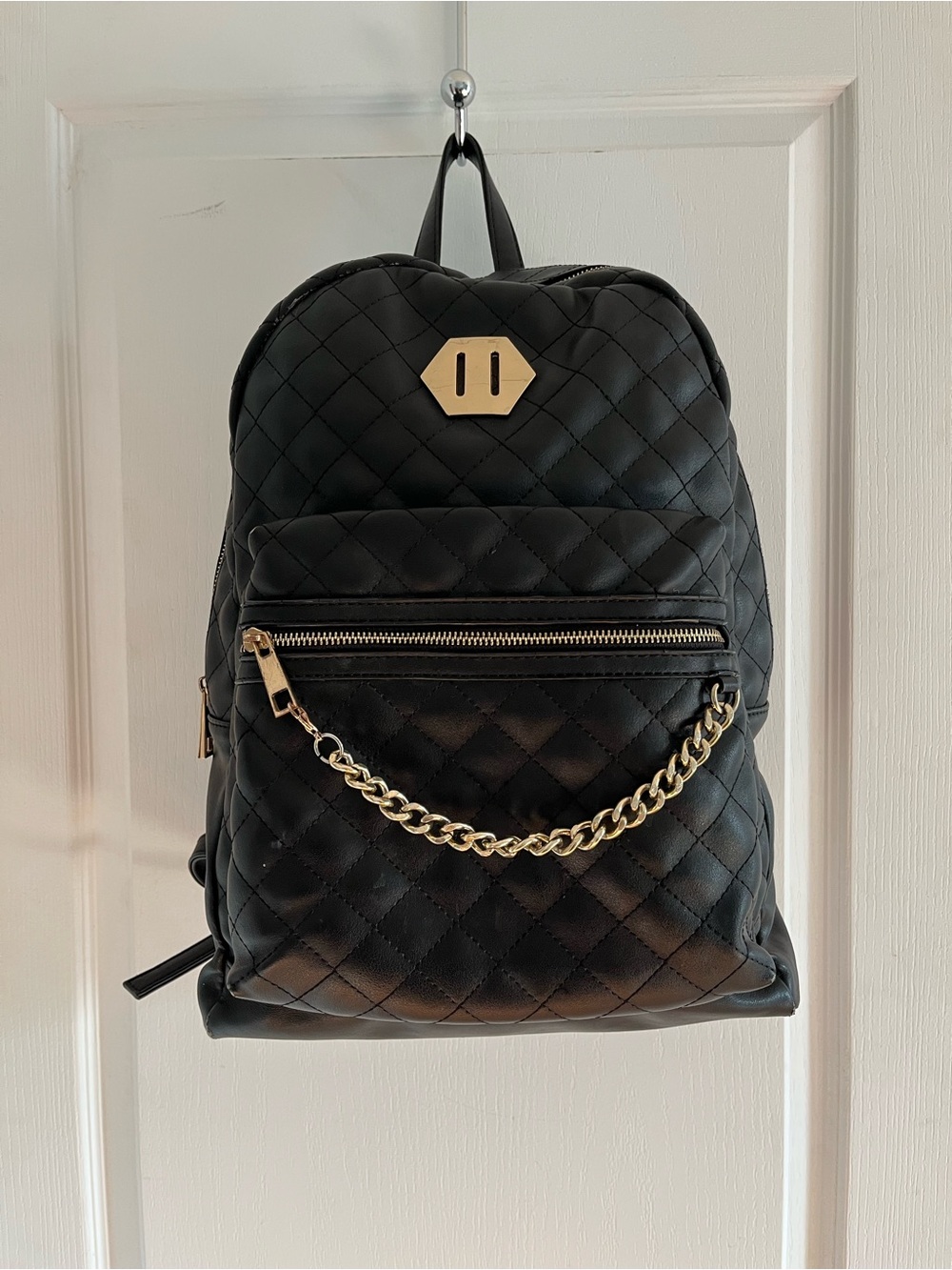 Aldo Black Quilted Backpack with Gold Chain Accent